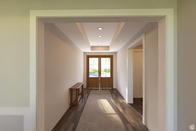 6158 W Silver Sky Dr W Unit 102, Herriman, UT 84096 - entryway with dark wood finished floors, a tray ceiling, and recessed lighting