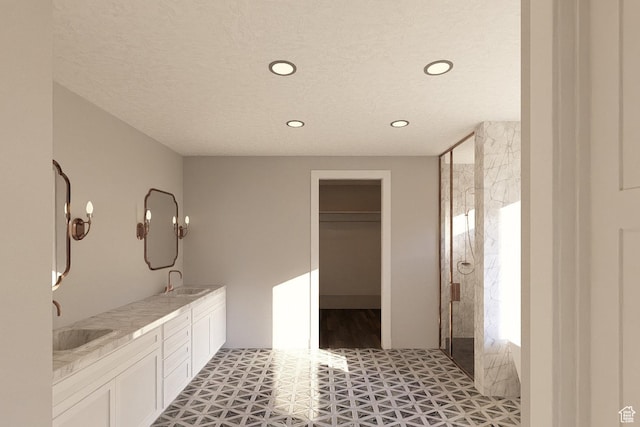 6158 W Silver Sky Dr W Unit 102, Herriman, UT 84096 - full bathroom with double vanity, recessed lighting, a shower with door, a walk in closet, and tile patterned floors