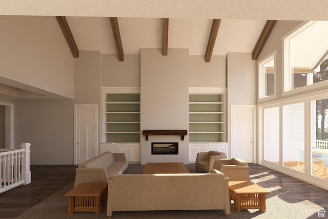 6158 W Silver Sky Dr W Unit 102, Herriman, UT 84096 - living room featuring high vaulted ceiling, wood finished floors, a glass covered fireplace, beam ceiling, and built in shelves