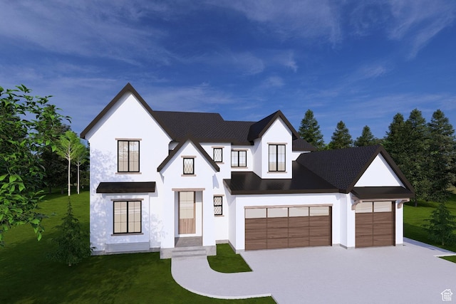 6158 W Silver Sky Dr W Unit 102, Herriman, UT 84096 - modern farmhouse with driveway, a front lawn, an attached garage, and stucco siding