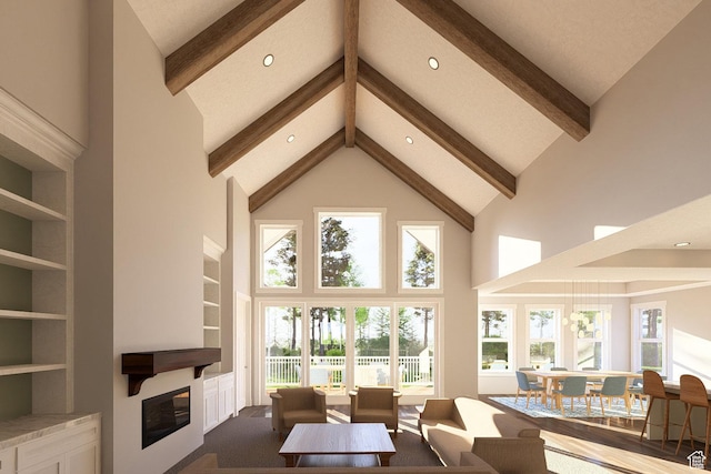6158 W Silver Sky Dr W Unit 102, Herriman, UT 84096 - living room featuring high vaulted ceiling, beamed ceiling, a glass covered fireplace, built in features, and recessed lighting