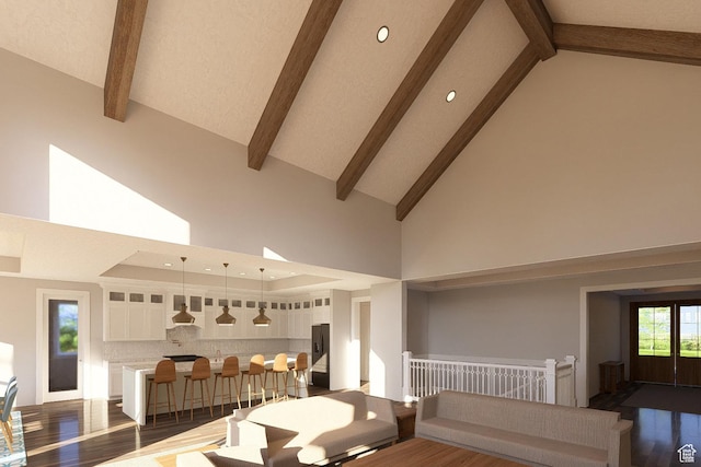 6158 W Silver Sky Dr W Unit 102, Herriman, UT 84096 - living area featuring high vaulted ceiling, dark wood-style floors, beam ceiling, and recessed lighting