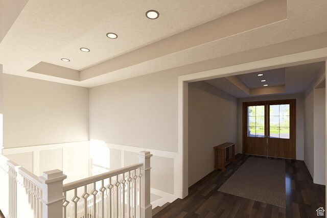 6158 W Silver Sky Dr W Unit 102, Herriman, UT 84096 - hall with a raised ceiling, dark wood-style flooring, an upstairs landing, and recessed lighting