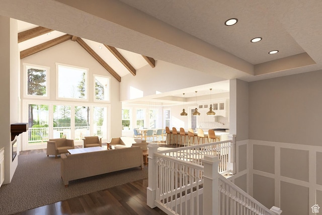 6158 W Silver Sky Dr W Unit 102, Herriman, UT 84096 - living area featuring high vaulted ceiling, beamed ceiling, wood finished floors, and recessed lighting