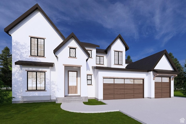 6158 W Silver Sky Dr W Unit 102, Herriman, UT 84096 - modern farmhouse featuring a front yard, driveway, stucco siding, and an attached garage
