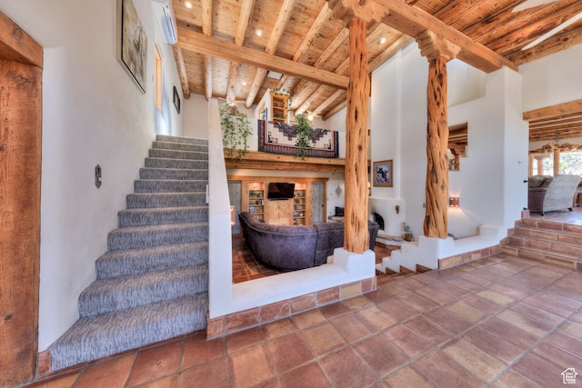 70 Desert Solitaire Rd, Moab, UT 84532 - stairs with a wooden ceiling with exposed beams and high vaulted ceiling