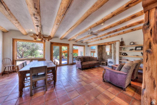 70 Desert Solitaire Rd, Moab, UT 84532 - tiled dining room featuring beam ceiling, french doors, a ceiling fan, and recessed lighting