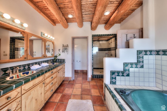 70 Desert Solitaire Rd, Moab, UT 84532 - full bathroom with a wood ceiling with exposed beams, a shower stall, double vanity, and a bath