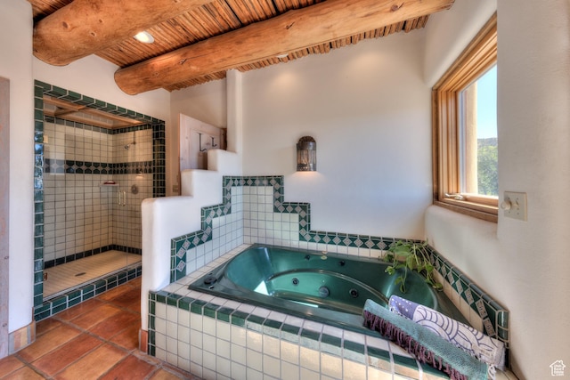 70 Desert Solitaire Rd, Moab, UT 84532 - full bath featuring a wooden ceiling with exposed beams, a tub with jets, and tiled shower