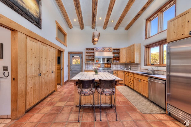 70 Desert Solitaire Rd, Moab, UT 84532 - kitchen featuring appliances with stainless steel finishes, tile counters, open shelves, a high ceiling, and under cabinet range hood