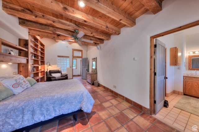 70 Desert Solitaire Rd, Moab, UT 84532 - bedroom featuring a wood ceiling with exposed beams, light tile patterned floors, and ensuite bathroom