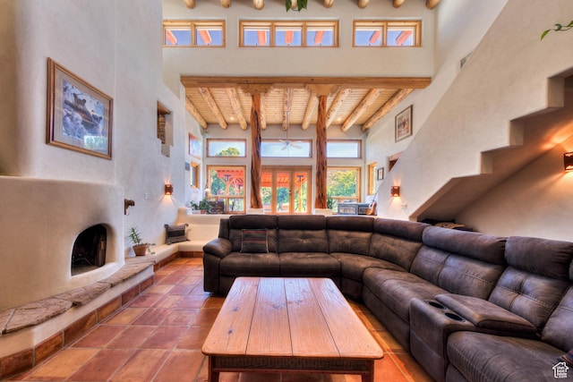 70 Desert Solitaire Rd, Moab, UT 84532 - living room featuring a high ceiling and a wood ceiling with exposed beams