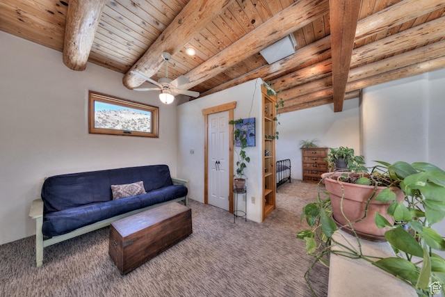 70 Desert Solitaire Rd, Moab, UT 84532 - carpeted living room with a wood ceiling with exposed beams and ceiling fan