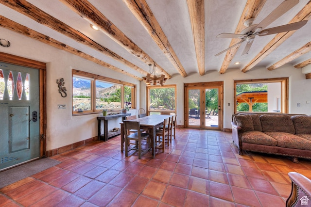 70 Desert Solitaire Rd, Moab, UT 84532 - dining room with beamed ceiling, a chandelier, dark tile patterned flooring, and recessed lighting