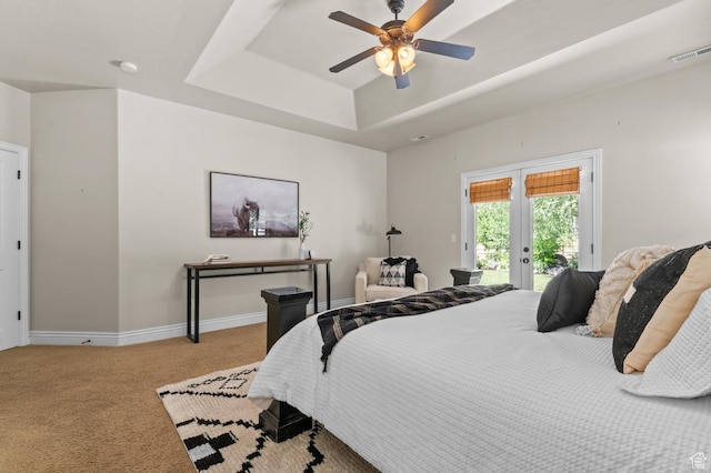 1066 W 575 N, Springville, UT 84663 - carpeted bedroom featuring access to outside, a tray ceiling, and a ceiling fan