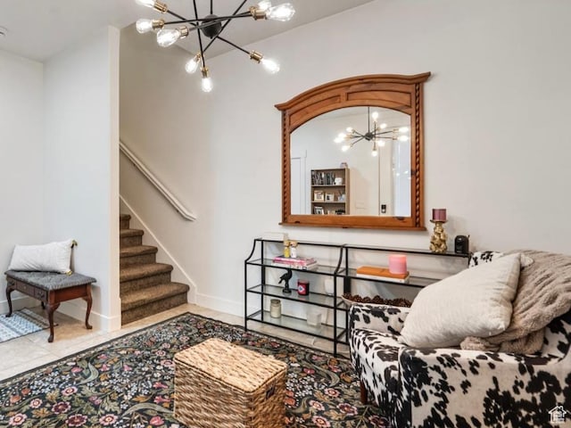 4937 W Daybreak Pkwy, South Jordan, UT 84009 - living area with a chandelier, stairway, and tile patterned flooring