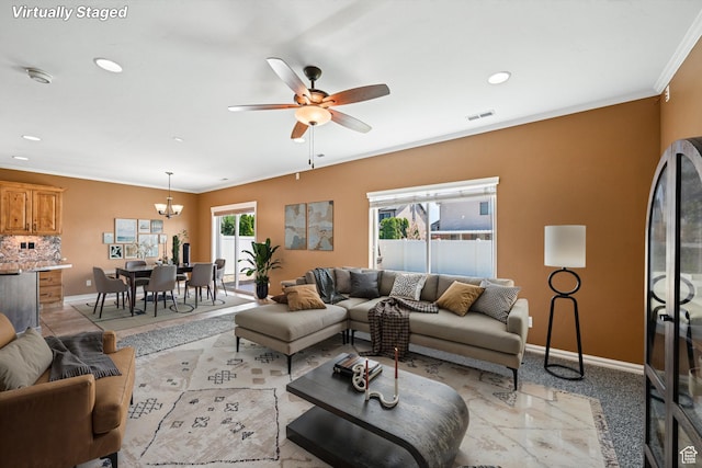 885 W 2150 N, Pleasant View, UT 84404 - living room featuring ceiling fan, recessed lighting, crown molding, and a chandelier