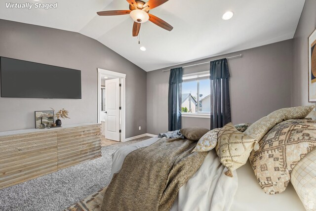 885 W 2150 N, Pleasant View, UT 84404 - carpeted bedroom with vaulted ceiling, recessed lighting, and a ceiling fan