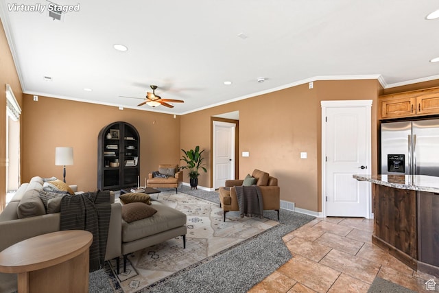 885 W 2150 N, Pleasant View, UT 84404 - living area with a ceiling fan, crown molding, and recessed lighting