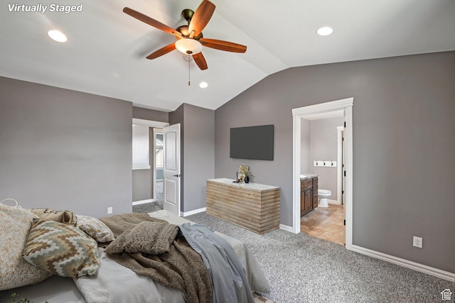 885 W 2150 N, Pleasant View, UT 84404 - bedroom with light colored carpet, lofted ceiling, recessed lighting, ensuite bath, and ceiling fan
