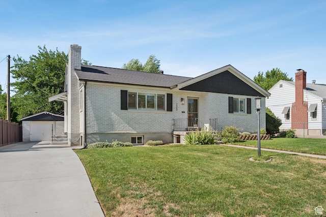 223 E 100 N, Bountiful, UT 84010 - ranch-style home with driveway, brick siding, a detached garage, an outdoor structure, and a chimney