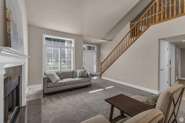 1082 E 370 N, American Fork, UT 84003 - carpeted living area with stairs and a tiled fireplace