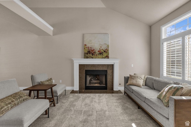 1082 E 370 N, American Fork, UT 84003 - living area with vaulted ceiling, a tiled fireplace, and carpet