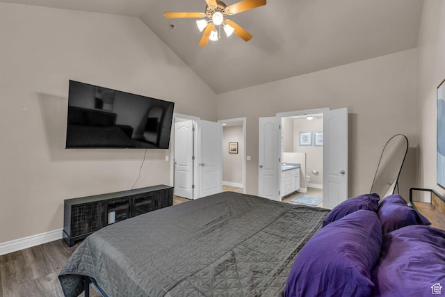 1082 E 370 N, American Fork, UT 84003 - bedroom with wood finished floors, ensuite bath, high vaulted ceiling, and a ceiling fan