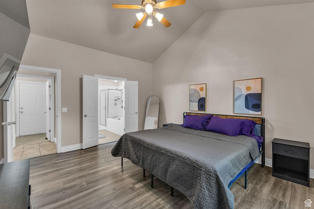 1082 E 370 N, American Fork, UT 84003 - bedroom featuring high vaulted ceiling, wood finished floors, connected bathroom, and a ceiling fan