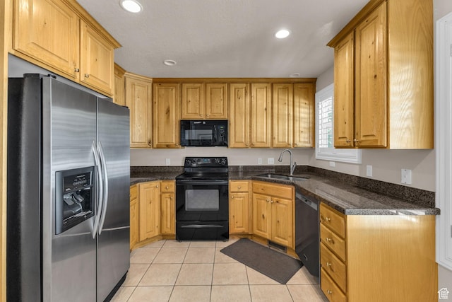 1082 E 370 N, American Fork, UT 84003 - kitchen with black appliances, recessed lighting, light tile patterned floors, and dark stone countertops