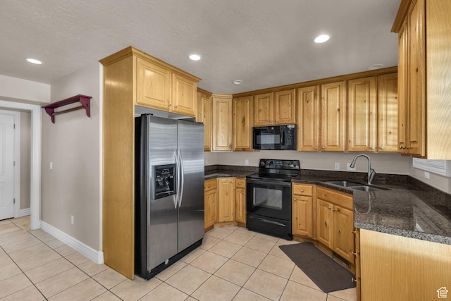 1082 E 370 N, American Fork, UT 84003 - kitchen featuring black appliances, light tile patterned floors, recessed lighting, and dark stone countertops