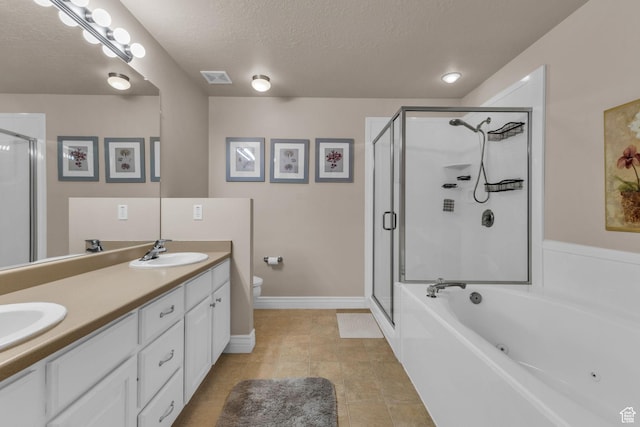 1082 E 370 N, American Fork, UT 84003 - full bathroom featuring a shower stall, double vanity, a textured ceiling, and a tub with jets