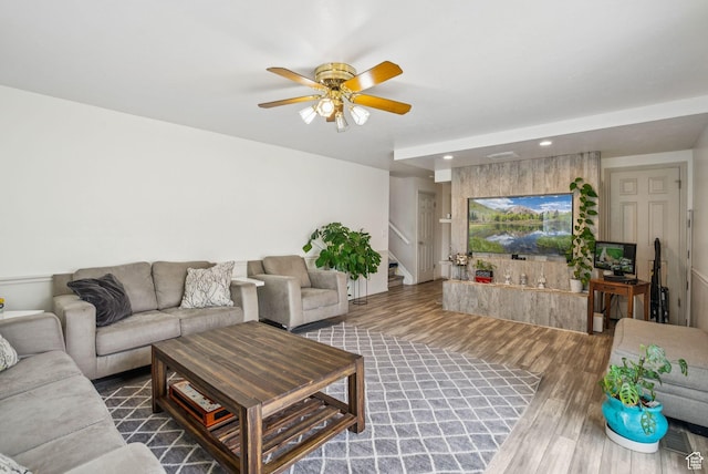 9355 S Peruvian Dr E, Sandy, UT 84093 - living room featuring wood finished floors, stairs, a ceiling fan, and recessed lighting
