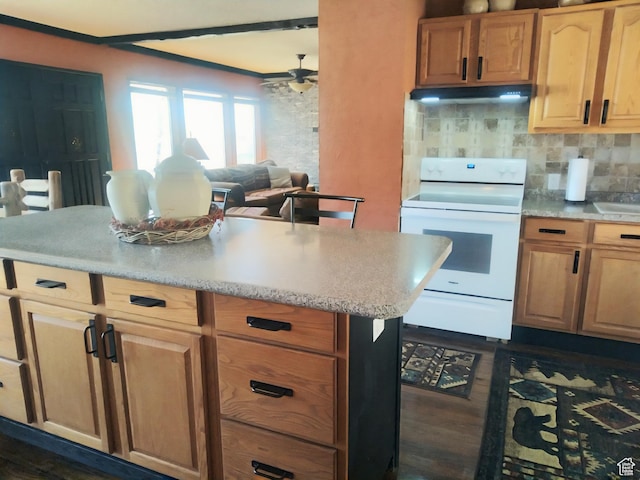 429 Edgehill Dr, Sunnyside, UT 84539 - kitchen with white range with electric stovetop, ceiling fan, backsplash, under cabinet range hood, and dark wood-type flooring