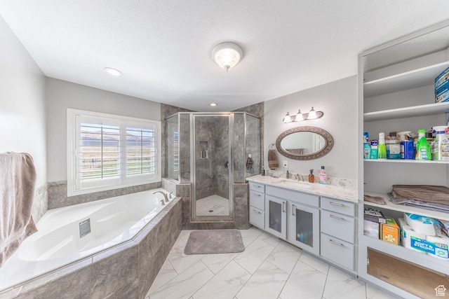 26551 N 8800 W, Portage, UT 84331 - bathroom featuring vanity, a stall shower, marble finish floors, and a bath