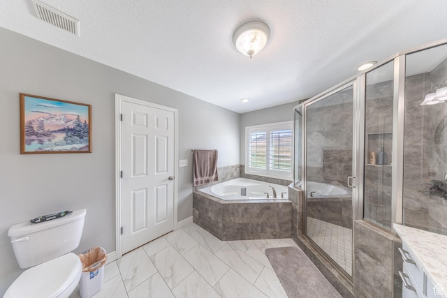 26551 N 8800 W, Portage, UT 84331 - full bath with a bath, marble look tile flooring, vanity, a shower stall, and a textured ceiling