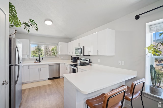490 S 100 W Unit F305, Springville, UT 84663 - kitchen featuring appliances with stainless steel finishes, a peninsula, plenty of natural light, light wood-style floors, and lofted ceiling