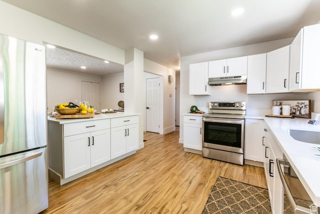 839 E Statice Ave S, Sandy, UT 84094 - kitchen featuring stainless steel appliances, under cabinet range hood, light countertops, light wood-style floors, and white cabinetry
