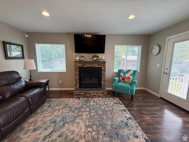 5140 S 2175 W, Roy, UT 84067 - living area with wood finished floors, a stone fireplace, and recessed lighting