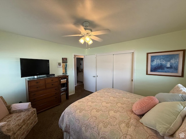 5140 S 2175 W, Roy, UT 84067 - bedroom with dark carpet, a closet, and ceiling fan