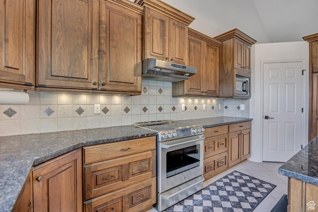 2140 E 3000 N, Layton, UT 84040 - kitchen featuring stainless steel electric range oven, under cabinet range hood, brown cabinets, backsplash, and light tile patterned flooring