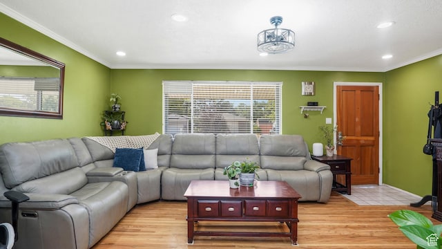 2075 Sorrento Dr, Woods Cross, UT 84087 - living room with ornamental molding, light wood finished floors, and recessed lighting