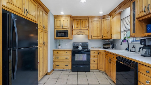 2075 Sorrento Dr, Woods Cross, UT 84087 - kitchen featuring black appliances, light countertops, recessed lighting, light tile patterned floors, and custom exhaust hood