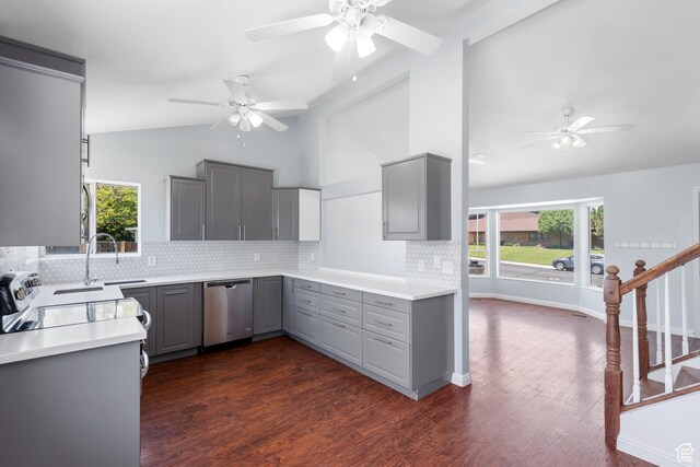 5131 W Parr Dr, West Jordan, UT 84081 - kitchen featuring gray cabinetry, stainless steel dishwasher, a ceiling fan, lofted ceiling, and backsplash