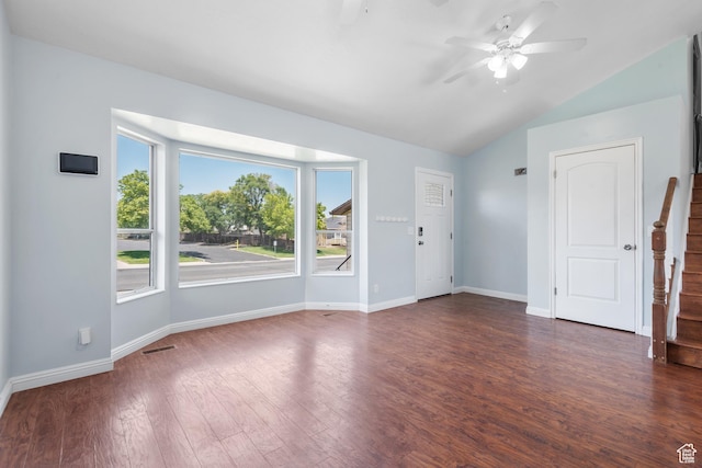 5131 W Parr Dr, West Jordan, UT 84081 - spare room with lofted ceiling, ceiling fan, wood finished floors, and stairs