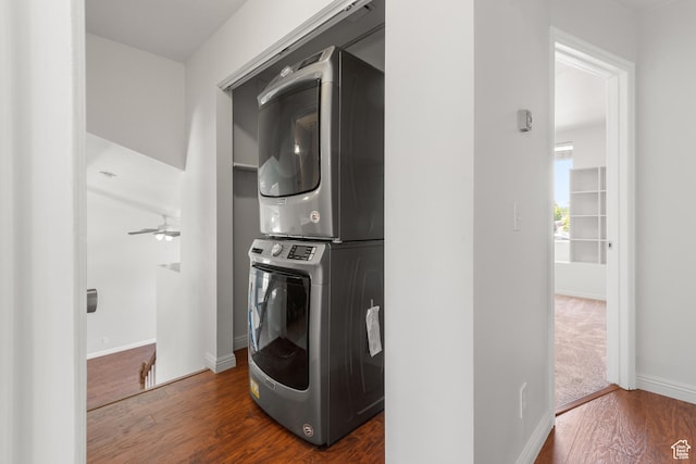 5131 W Parr Dr, West Jordan, UT 84081 - laundry room with stacked washer and clothes dryer, wood finished floors, and a ceiling fan