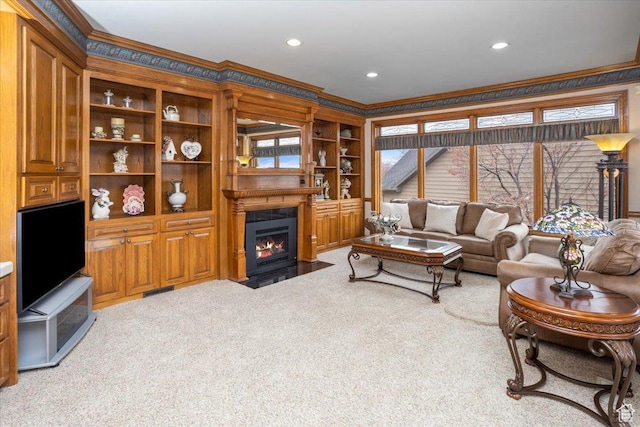 27 Canterbury Ln, Logan, UT 84321 - living room featuring carpet floors, crown molding, a fireplace with flush hearth, and recessed lighting