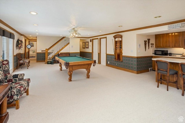 27 Canterbury Ln, Logan, UT 84321 - recreation room with crown molding, recessed lighting, billiards table, light carpet, and wainscoting