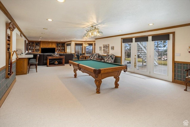 27 Canterbury Ln, Logan, UT 84321 - rec room with crown molding, recessed lighting, light carpet, and pool table