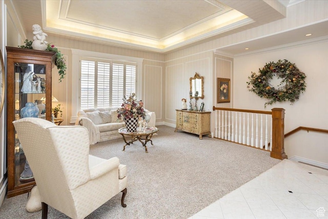27 Canterbury Ln, Logan, UT 84321 - tiled living room featuring a raised ceiling and ornamental molding